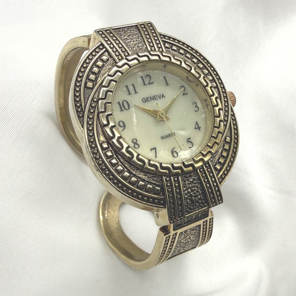 Geneva Quartz Gold Tone Cuff Watch Ornate‎ Greek Key  #3207
